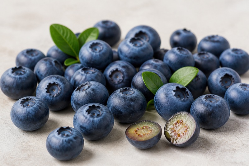 Fresh blueberries with leaves, one halved