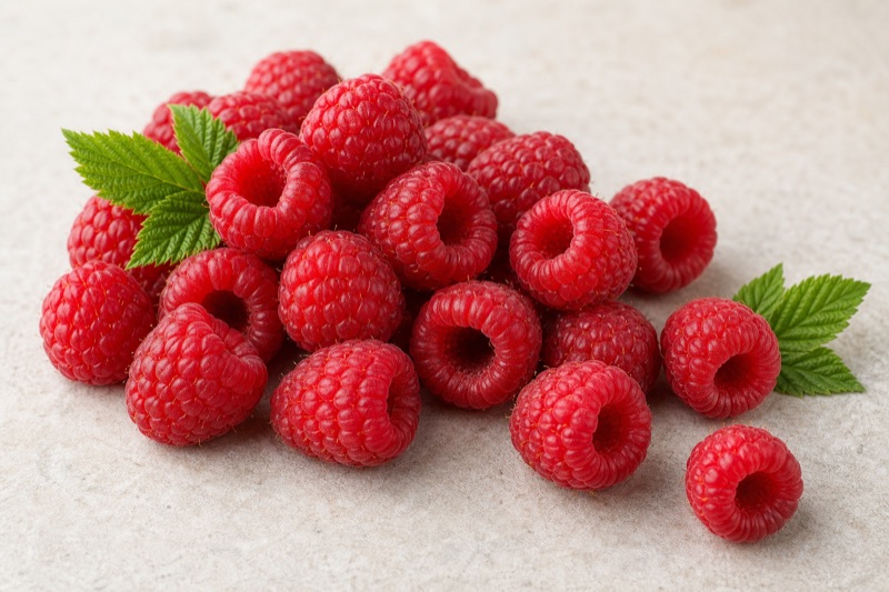 A pile of fresh raspberries with leaves