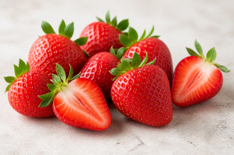 Fresh strawberries, some halved